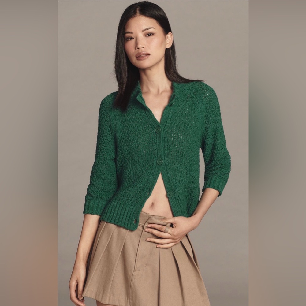 Maeve Small Green Cardigan Sweater Button-Up green cotton blend